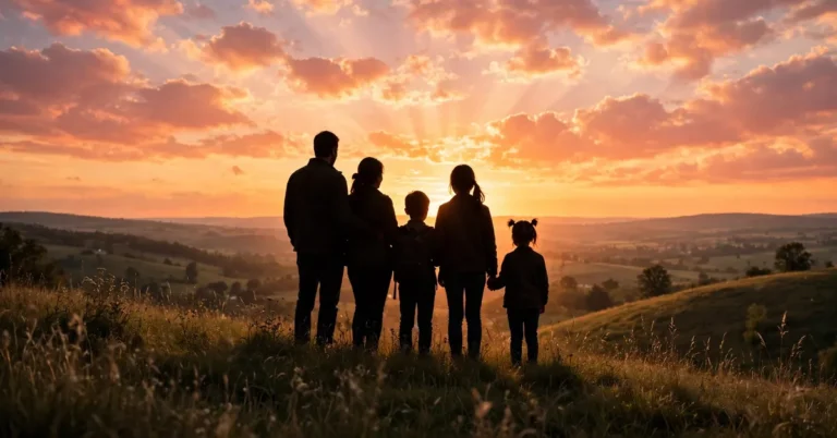 Family of five silhouettes watching a golden sunset together on a grassy hill, warm featured image for best family picture captions