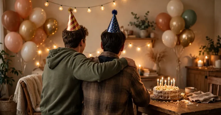 Two brothers in party hats celebrating a birthday with balloons, string lights and cake
