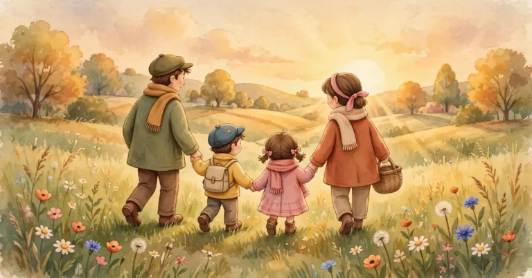 Warm golden-hour watercolor illustration of a happy family walking hand in hand through a flower meadow, made for a caption about family article