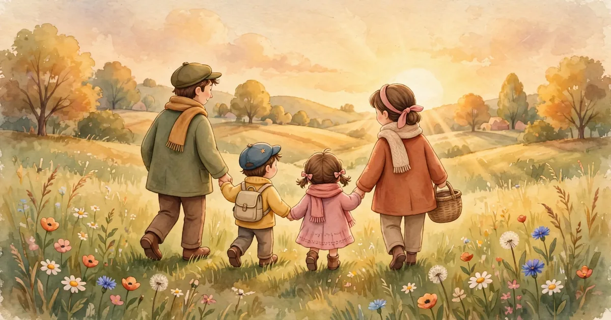 Warm golden-hour watercolor illustration of a happy family walking hand in hand through a flower meadow, made for a caption about family article