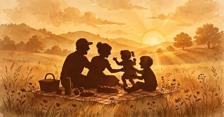 Warm golden-hour illustration of a happy family laughing together on a meadow at sunset for a caption for a family picture article