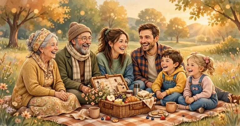 Warm illustration of a multigenerational family laughing together on a picnic blanket at golden hour