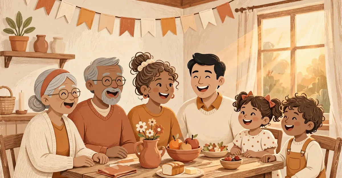 Warm illustration of a happy multigenerational family laughing together around a dinner table at golden hour