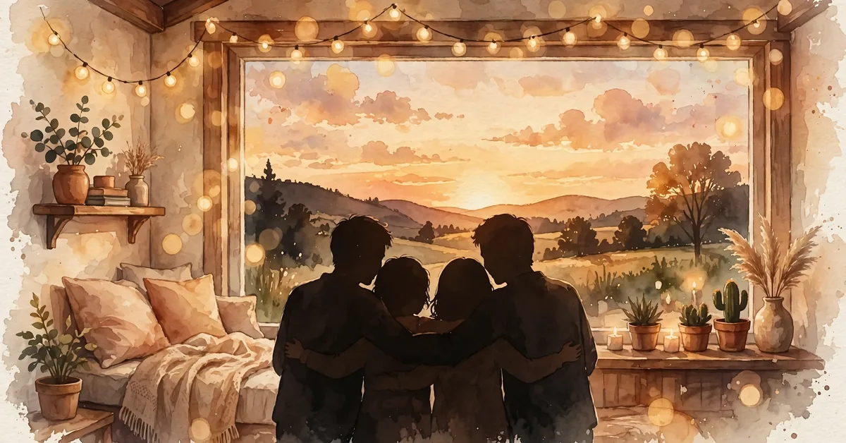 Warm golden-hour illustration of a family silhouette hugging together in front of a glowing living room window at sunset