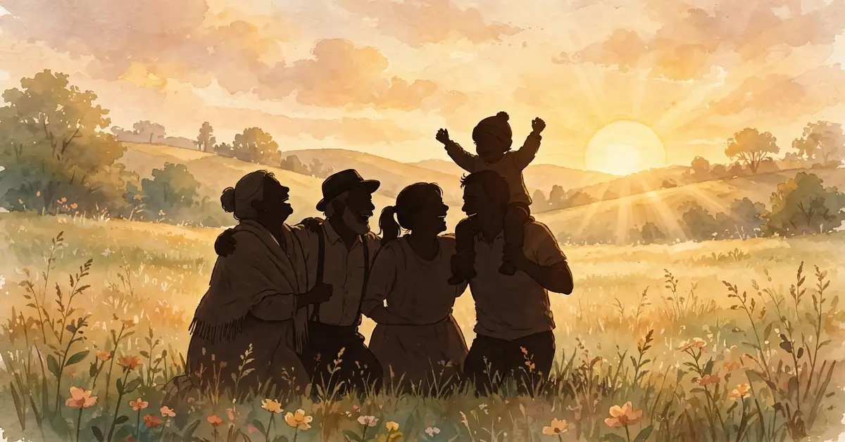 Warm golden-hour illustration of a happy multi-generational family laughing together in a sunlit meadow