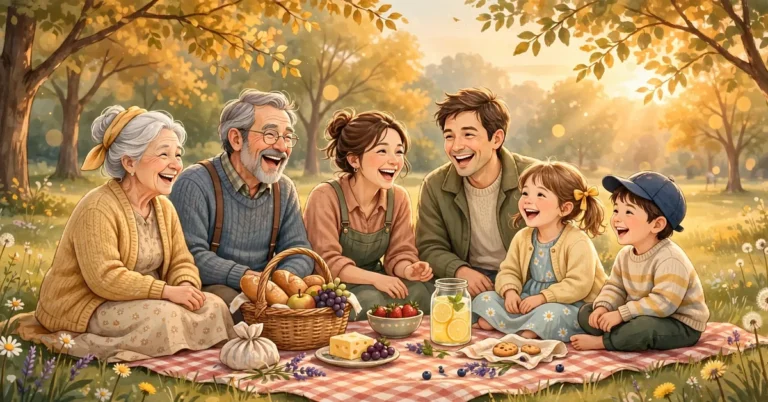 Warm illustrated scene of a happy multi-generational family enjoying a golden-hour picnic together in the park
