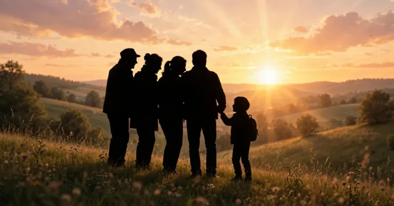 Family silhouettes standing together on a grassy hill at golden sunset, featured image for caption for family picture article