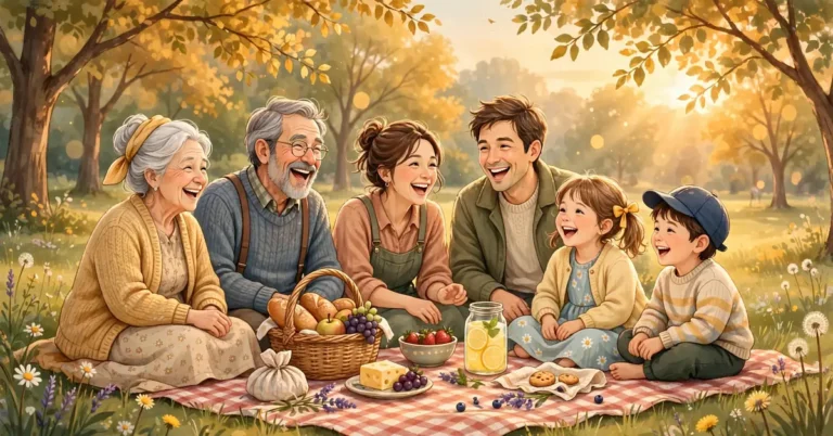 Warm golden-hour illustration of a multi-generation family laughing together on a picnic blanket under autumn trees
