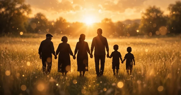 Warm golden sunset illustration of a happy family walking hand in hand through a sunlit field, perfect for family quotes captions